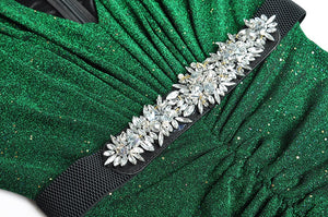 Louisa Sequins Belt Diamond Fold Lantern Sleeve Dress