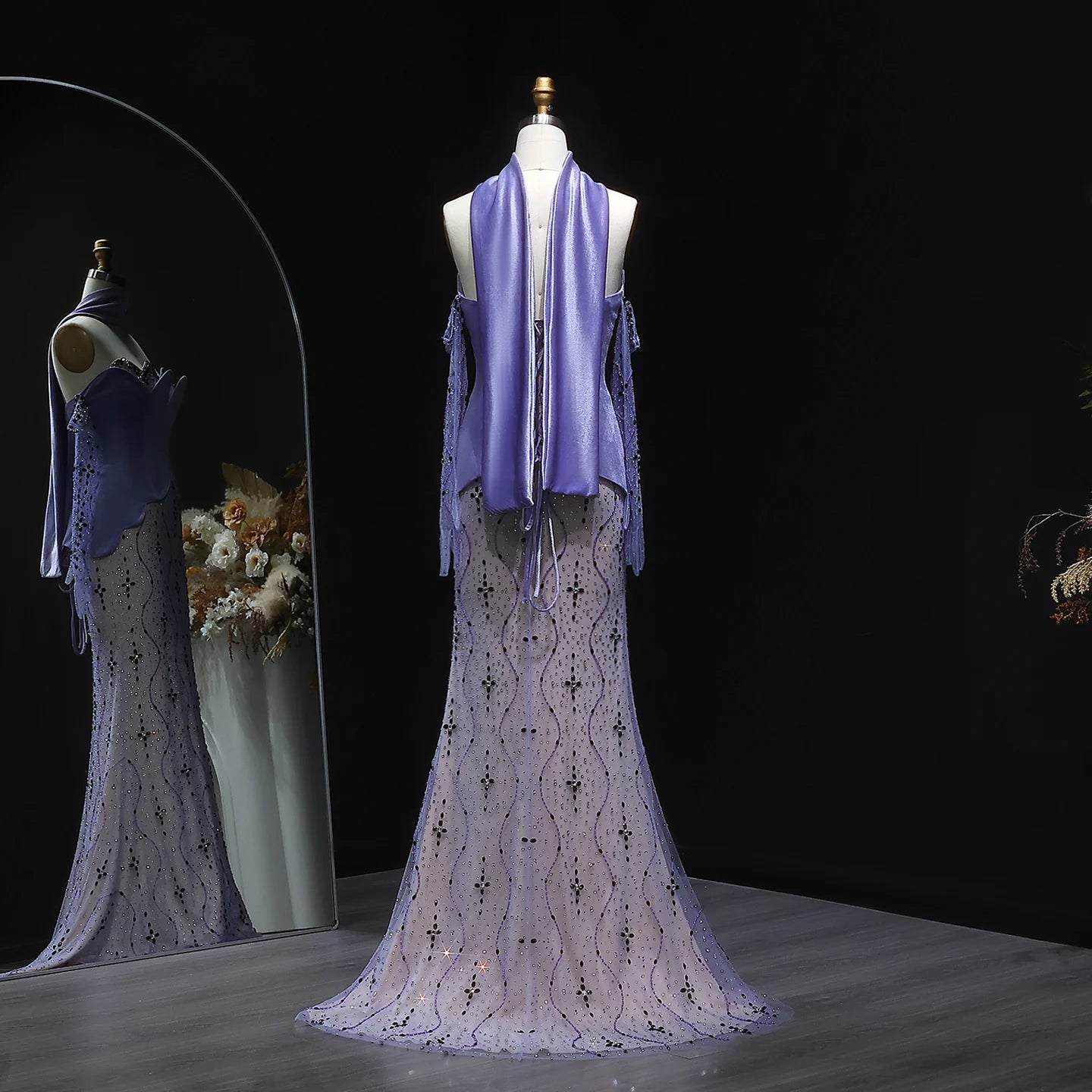 Hazel Two Pieces Purple Velvet Mermaid Evening Dress with Gloves Scarf