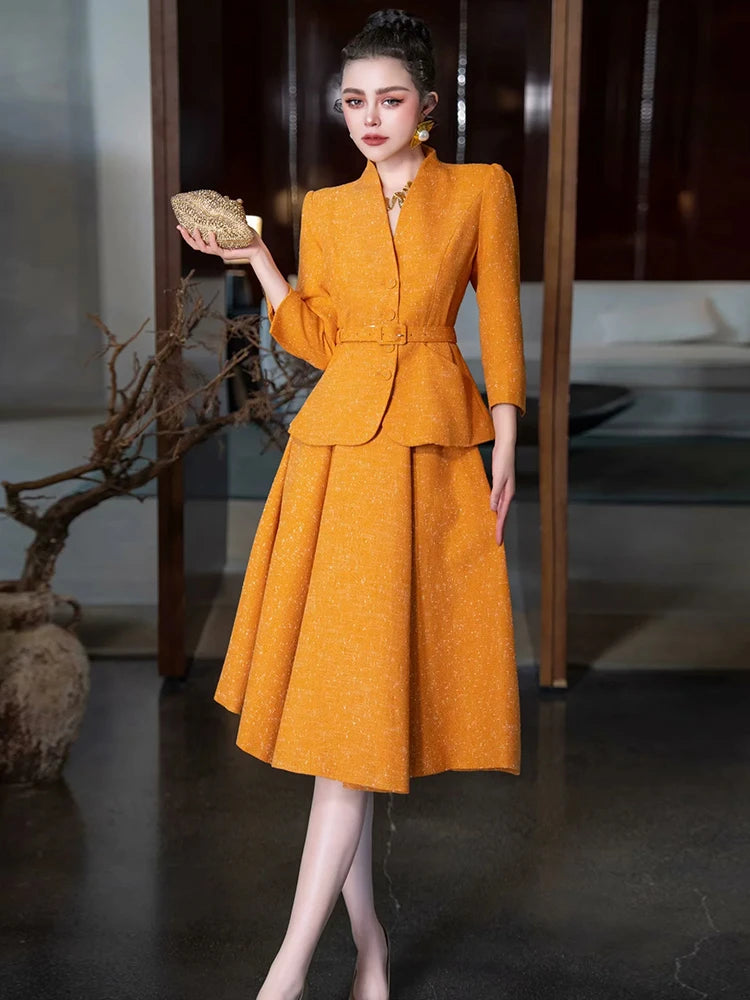 Bexley Single Breasted Sashes Coat + Skirt Office Lady 2 piece Set