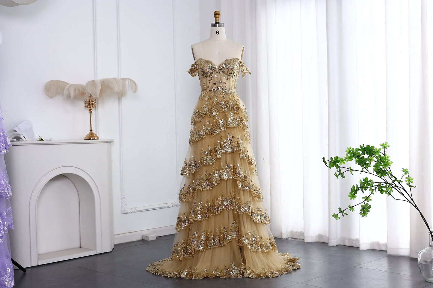 Myla Stunning Gold Tiered Ruffles Corset Sheer Prom Dress