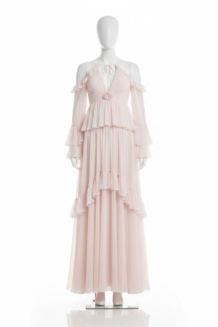 Hetty Halter Pink Chiffon Evening Dress Mremaid Full Sleeves Prom Gown