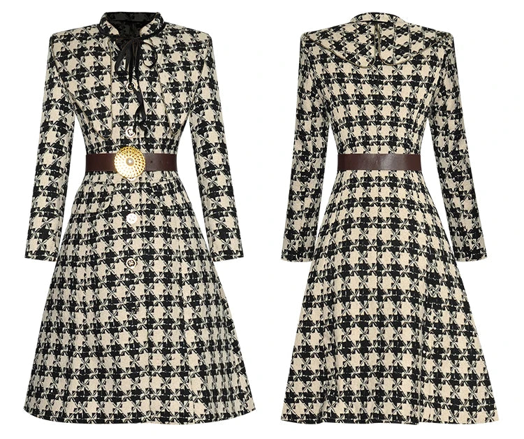 Emmeline Single-breasted Belted Long Sleeve Houndstooth Printed Casual Dress