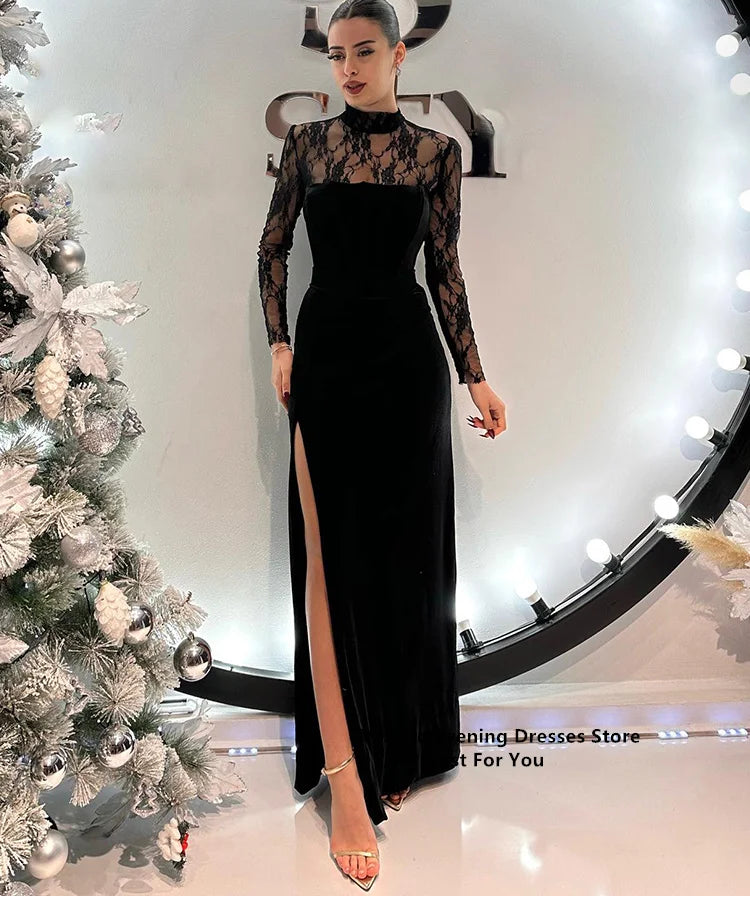 Becca Black Velvet Party Dress Long Lace Prom Gown