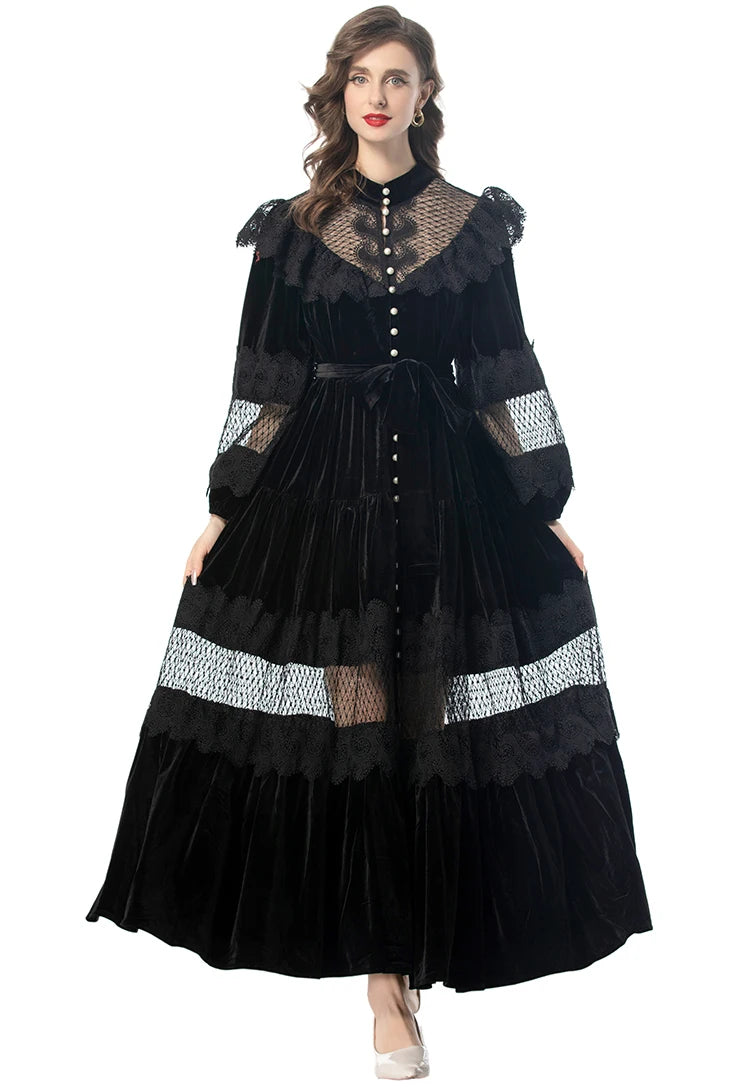 Kamari Stand Collar Lantern Sleeved High Waist Lace-Up Vintage Evening Dress