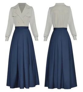 Ayleen Epaulet Lantern Sleeve Double Breasted Shirt + Long Skirt Office Lady 2 Piece Set