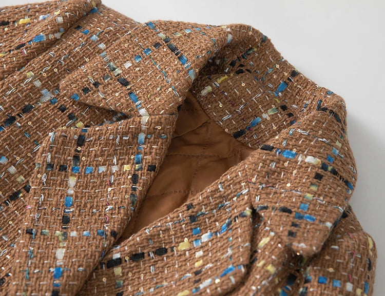 Malaysia  Double Breasted Sequins Plaid Tweed Coat