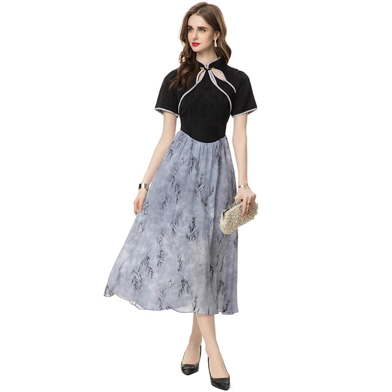 Bernadette Stand-Neck Short Sleeved Button Leaf Printing Casual  Dress