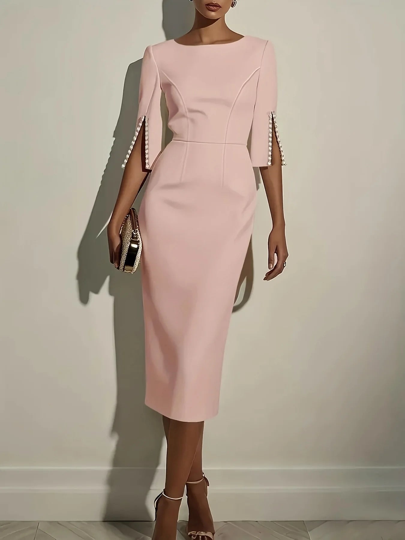 Carina Office Solid Color Commuter Bead Slim and Elegant Evening Party Dress