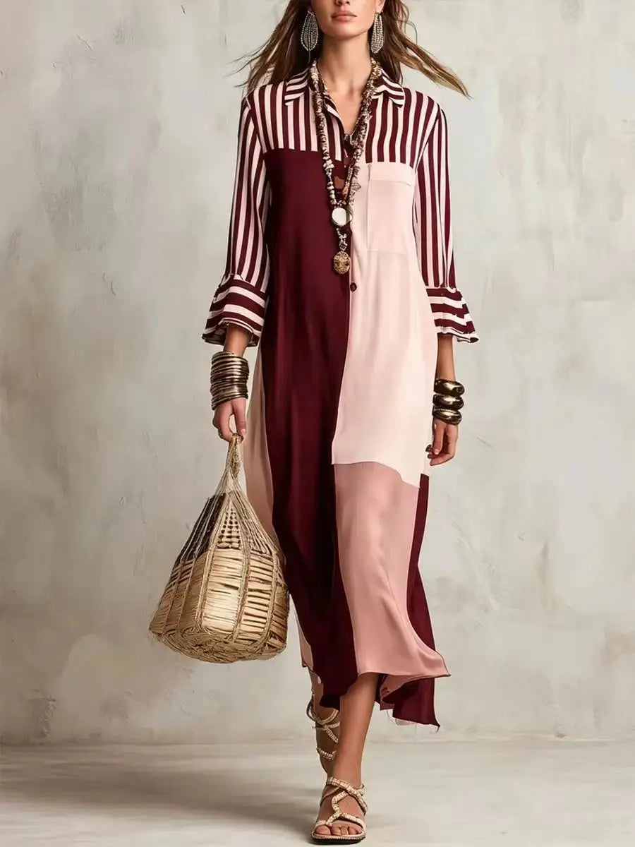 Jessa Elegant Striped Patchwork Loose Shirt Dress