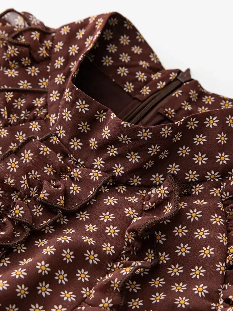 Whytley Stehkragen Laternenärmel Rüschengürtel Blumendruck Vintage Urlaubskleid