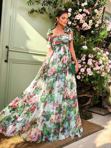 Marisol Maxi Dress Women Chiffon Bow-knot shoulder Bohemian Floral print Holiday Elegant Long Dress