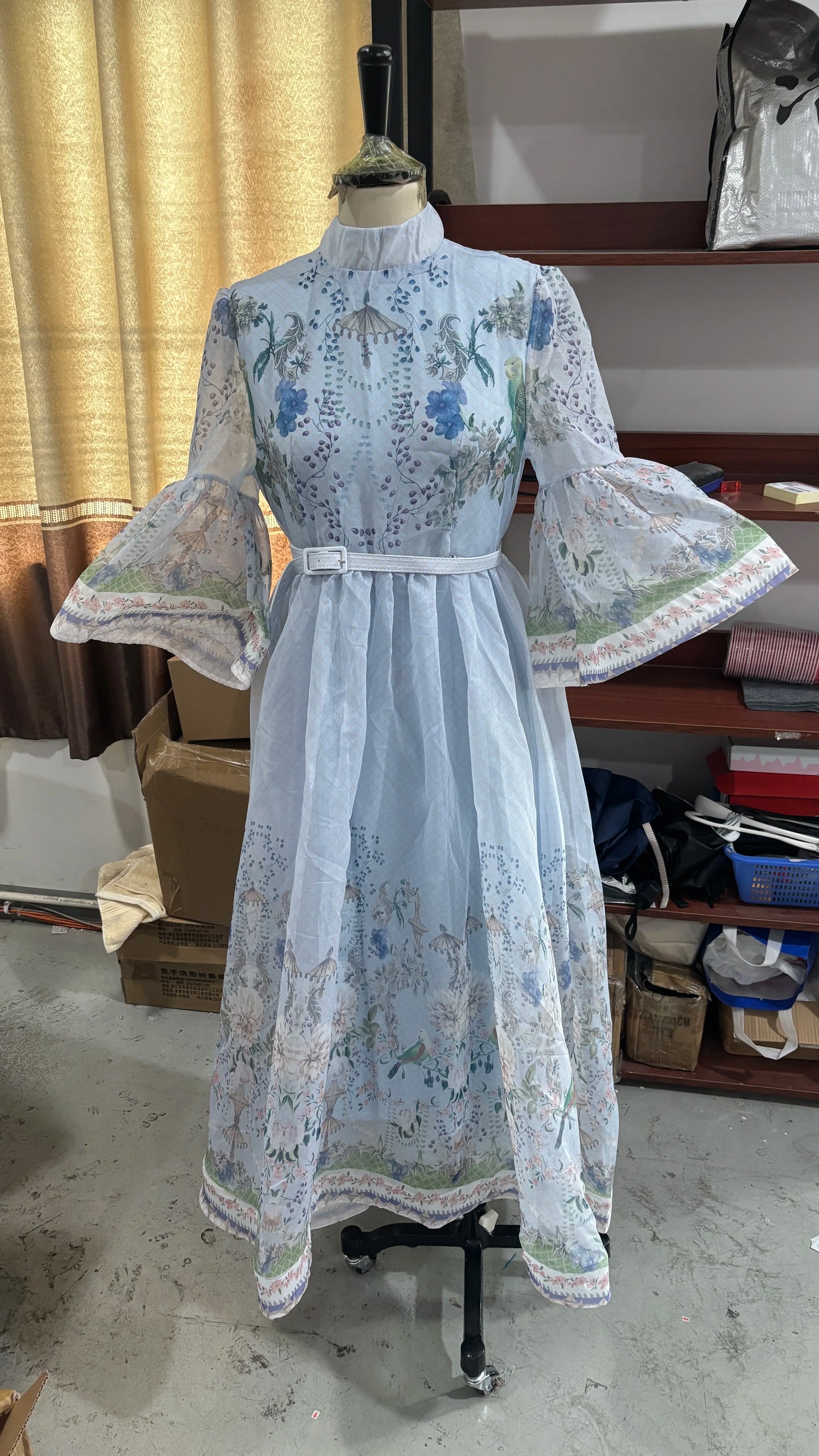Fiona Floral Print Button Down Mock Neck Maxi Long Lantern Sleeve Dress