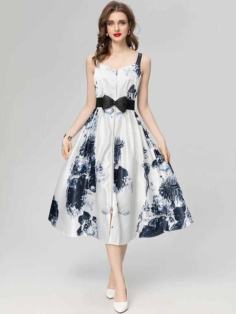 Consuela Square Collar Sleeveless Bow Belt Floral Print High Street Dress