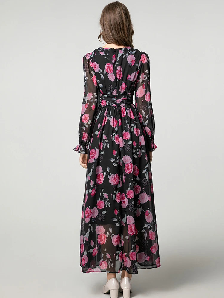 Eliana Vintage Rose Print V-Neck Dress