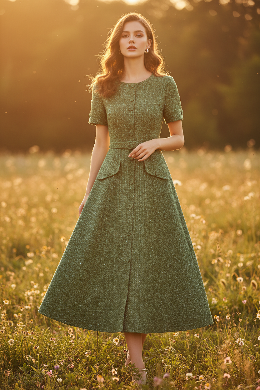 Ellis Tweed  O-Neck Short Sleeve Sashes Office Lady Single Breasted Dress