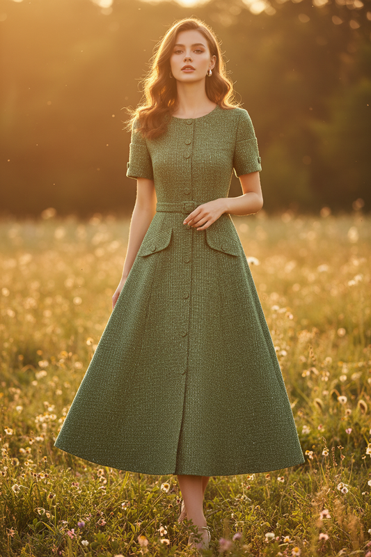 Ellis Tweed  O-Neck Short Sleeve Sashes Office Lady Single Breasted Dress