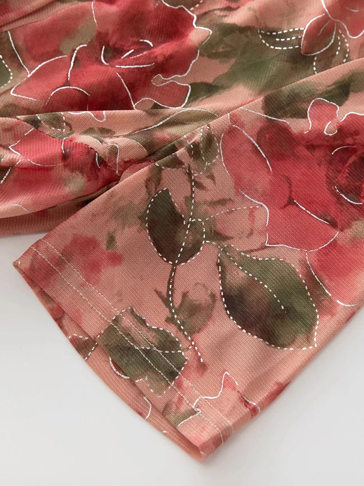 Max  V-Neck Short Sleeve Floral Print Folds Vintage Lace-up Dress