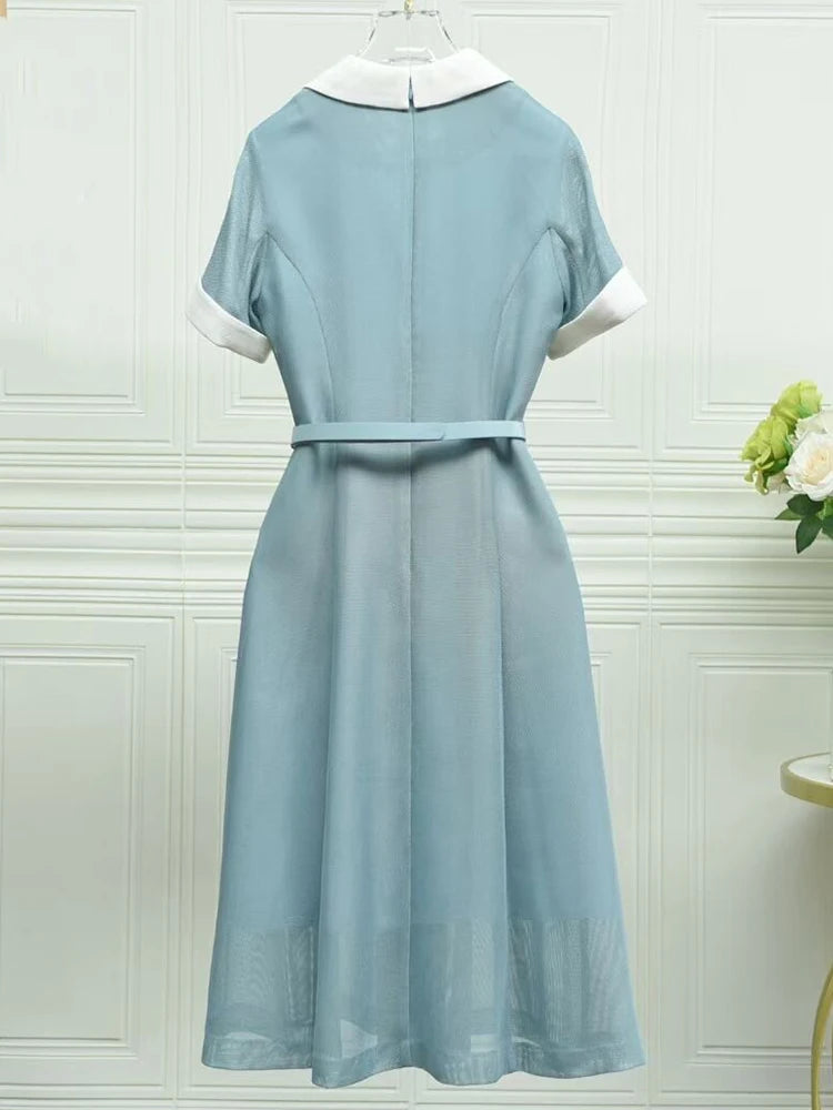 Doris Turn-down Collar Short Sleeve Sashes Contrasting Colors Office Lady Dress
