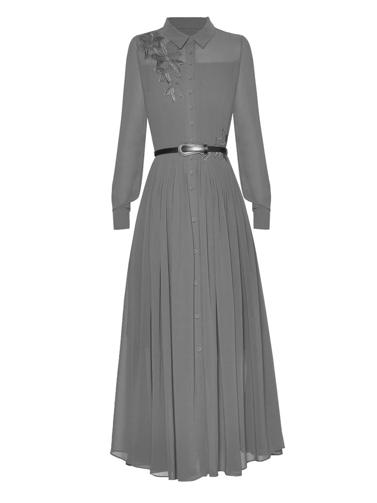 Rayleigh Vintage Pleated Embroidery High Waist Slim Long Dress