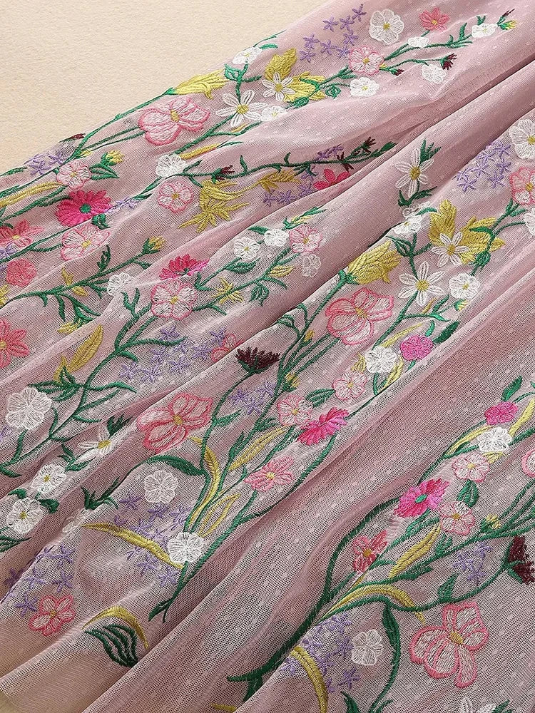 Sylvie Pink Mesh Flowers Embroidery Vintage Party Long Dress