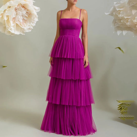 Vanilla Vogue Purple Spaghetti Straps Sleeveless Tiered Evening Dress