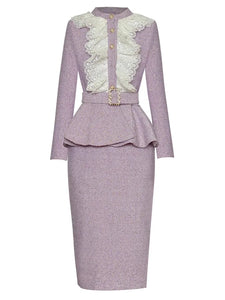 Frankie Autumn Tweed Suit Women Long Sleeve Ruffle Beading Belt Coat + Pencil Skirt Office Lady 2 Piece Set