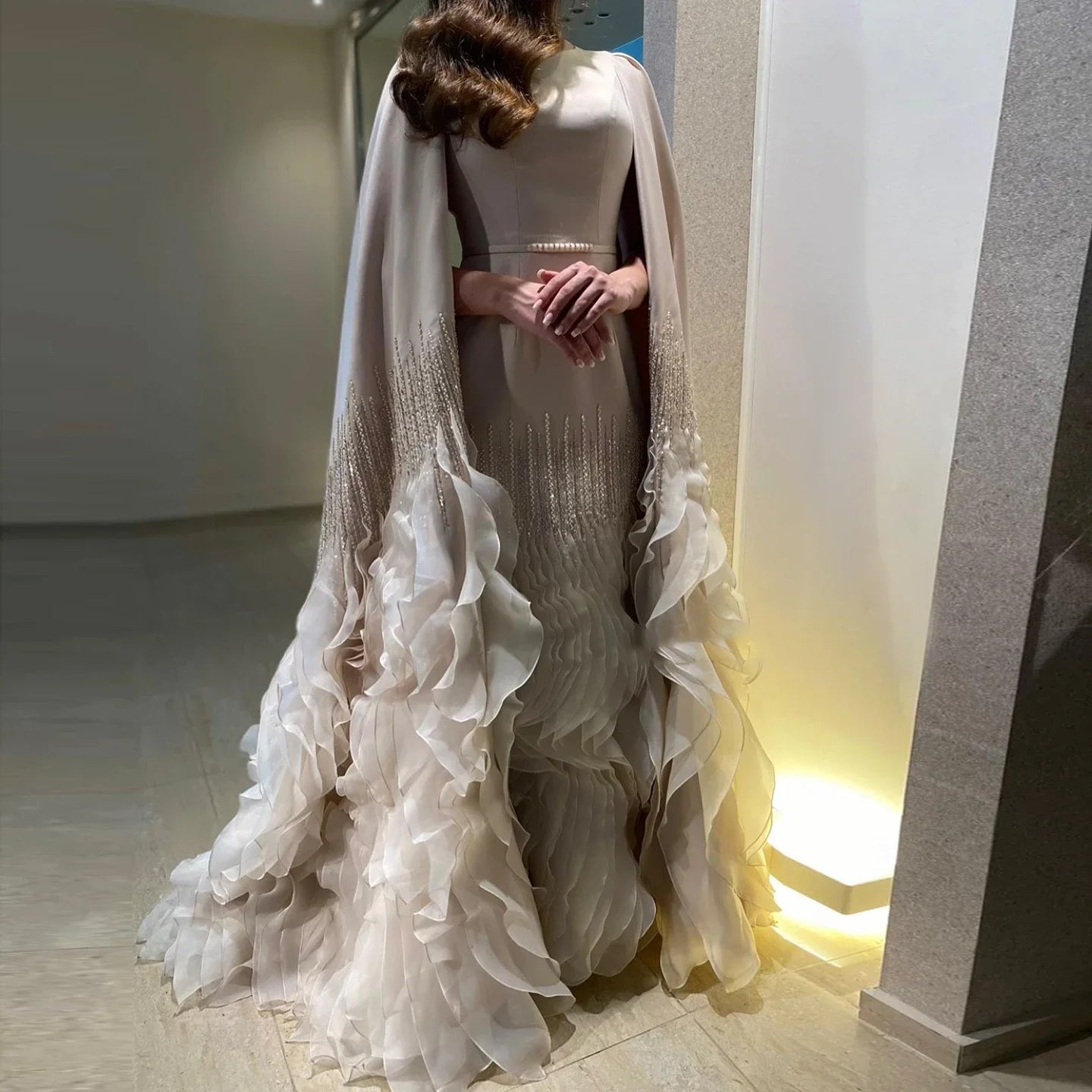 Adelaide White Evening Dresses with Cape Sleeves Tiered Ruffles Women Wedding Party Gown