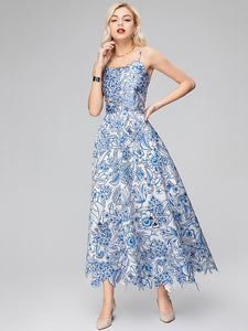 Arianne Square Collar Spaghetti Strap Blue Flower Dress