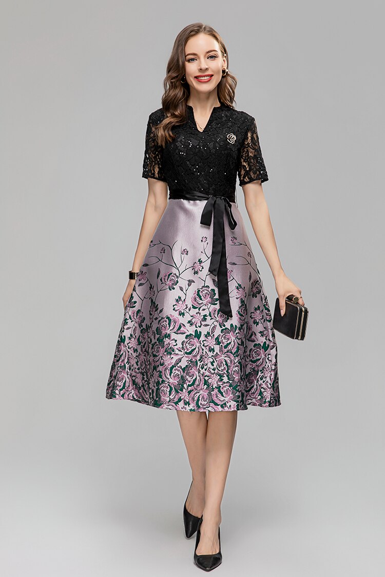 Ava V-Neck Brooch Sequins Lace Embroidery Frenulum Jacquard Midi Dress