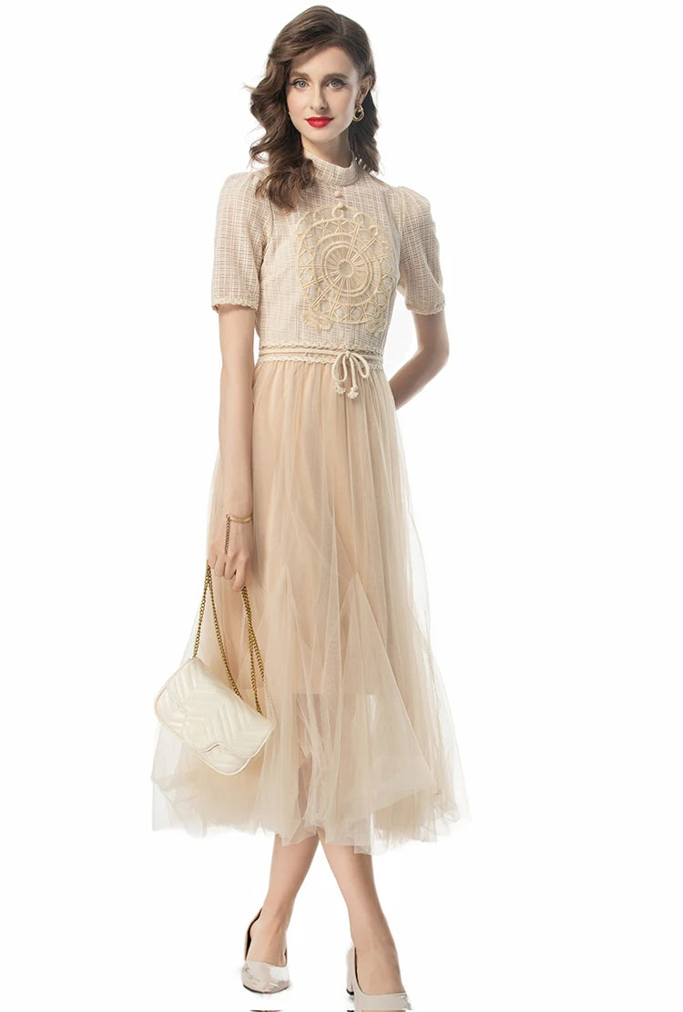 Lena Short-Sleeved High Waiste Lace-Up Vintage Elegant Party Dress