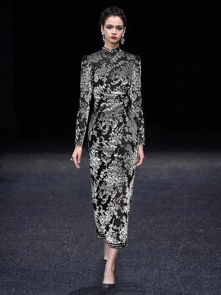 Kairi Pencil Dress Women Stand Collar Long Sleeve Chinese Button Vintage Slit Package Buttocks Dress