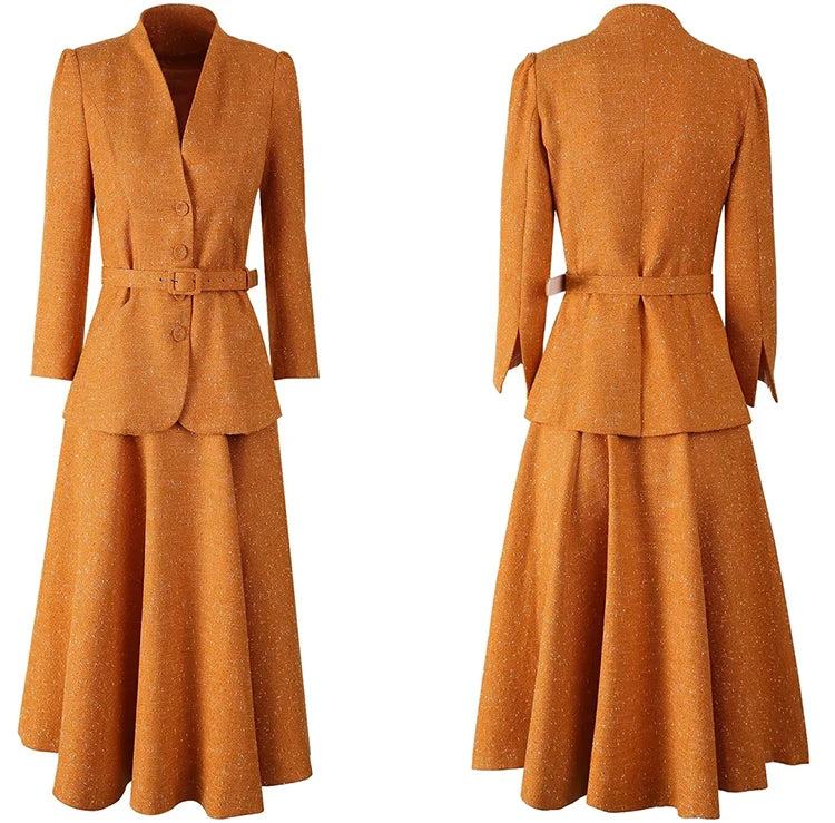 Bexley Single Breasted Sashes Coat + Skirt Office Lady 2 piece Set