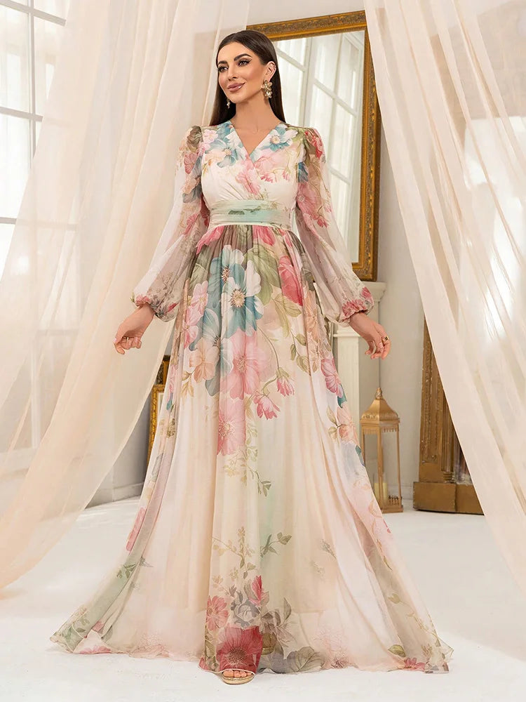 Tilie Cross Fashion Casual V-Neck Lantern Sleeve Flower Print Long Maxi Dress