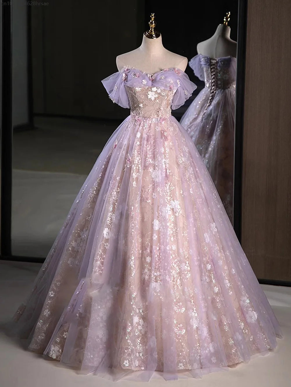 Mich Pink Purple Evening Dress Women Sweet Pleated Off The Shoulder Flower Applique Prom Gown Sequins A-Line Vestido