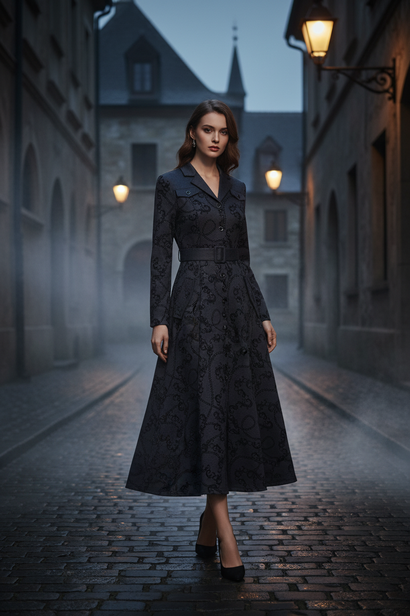 Harriet Turn-down Collar Long Sleeves Sashes Print Office Lady Single Breasted Dress