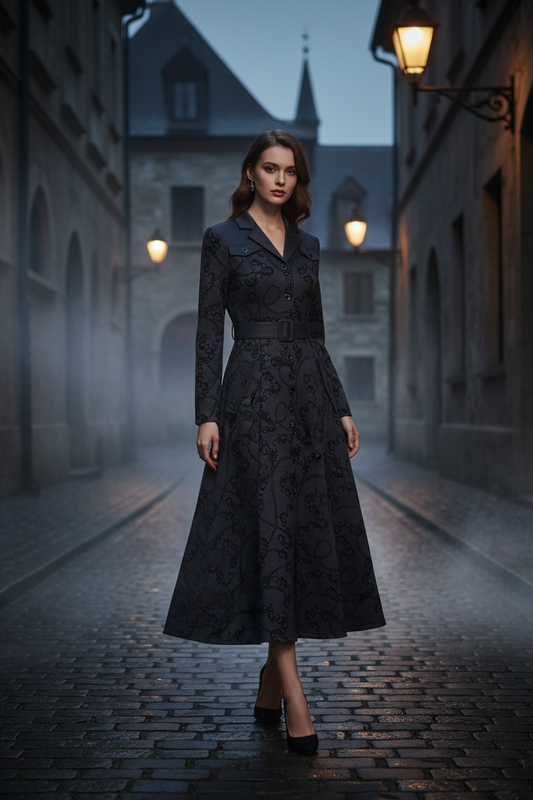 Harriet Turn-down Collar Long Sleeves Sashes Print Office Lady Single Breasted Dress