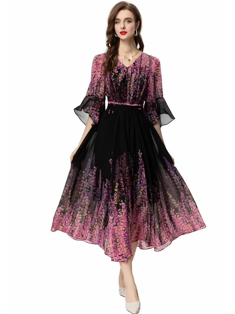 Ari V-Neck Flare Sleeve Flower Print  Elegant Party Long Dress