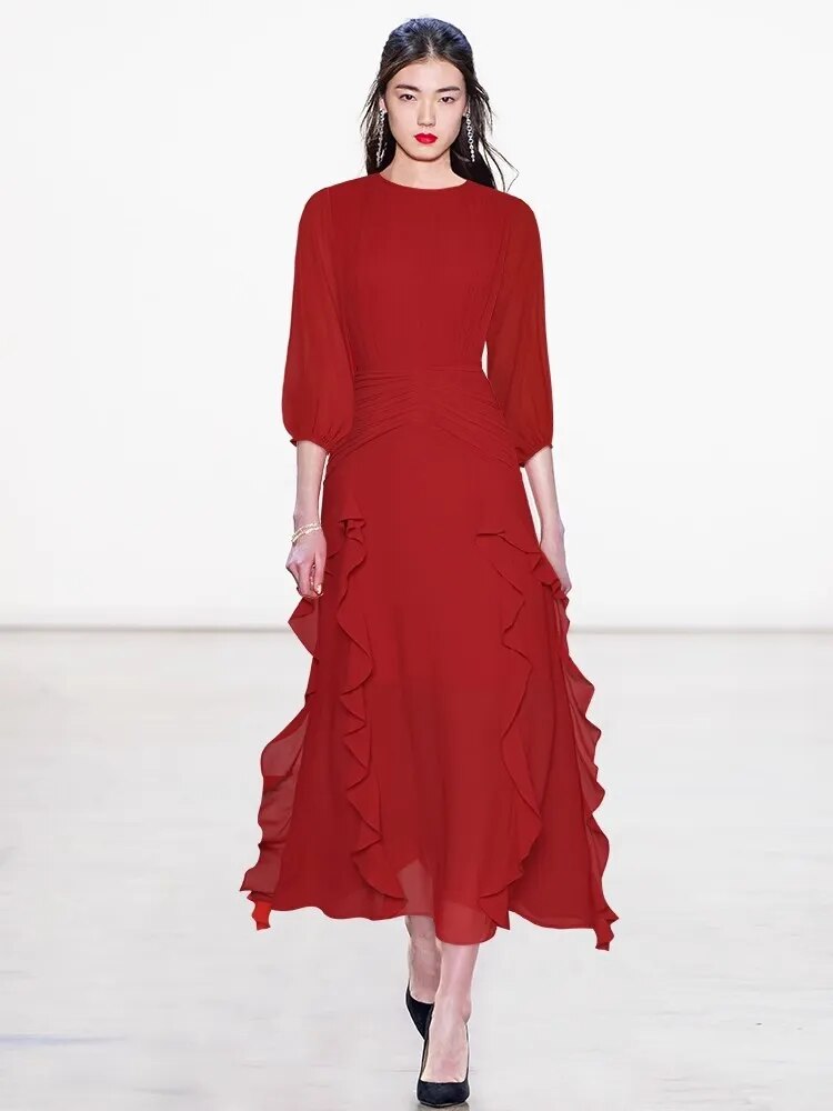 Nyx O-Neck Lantern Sleeve Folds Ruffles Elegant Party Red Long Dress