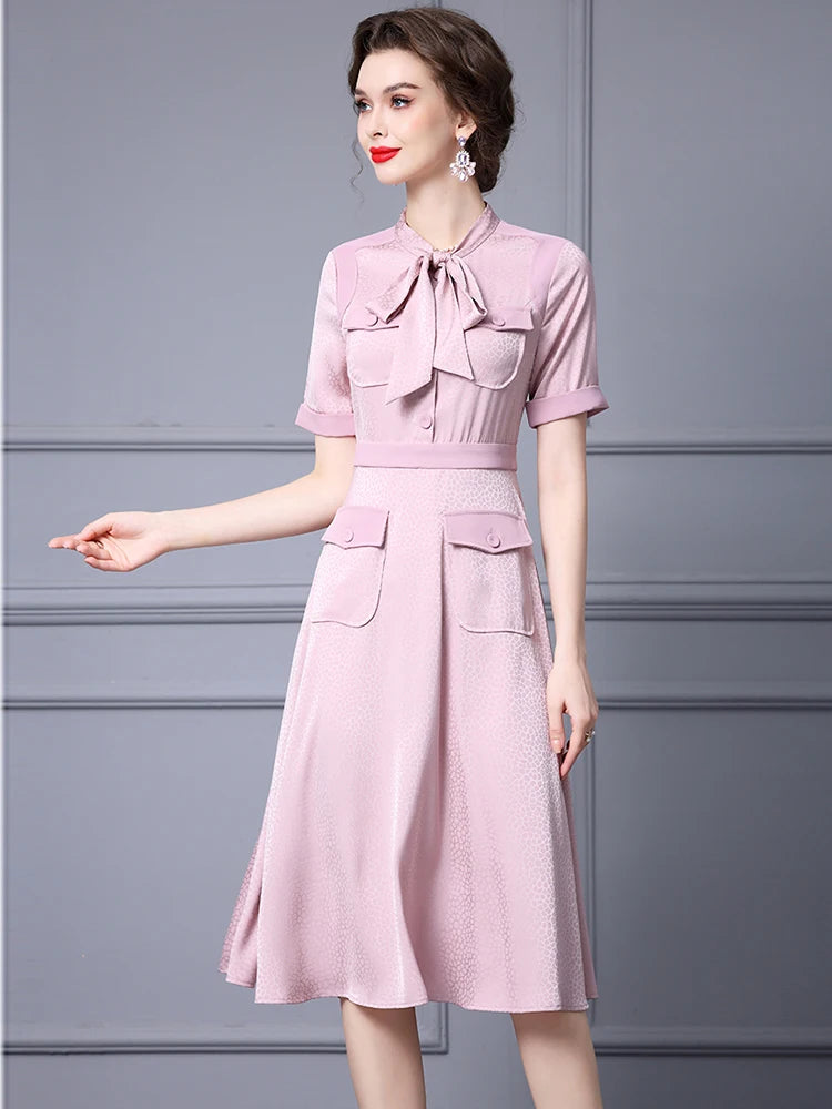 Roma Lace-up Collar Short Sleeve Pockets Print Vintage Dress