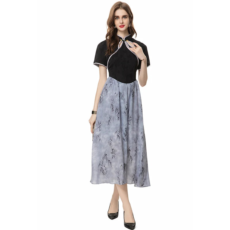 Bernadette Stand-Neck Short Sleeved Button Leaf Printing Casual  Dress