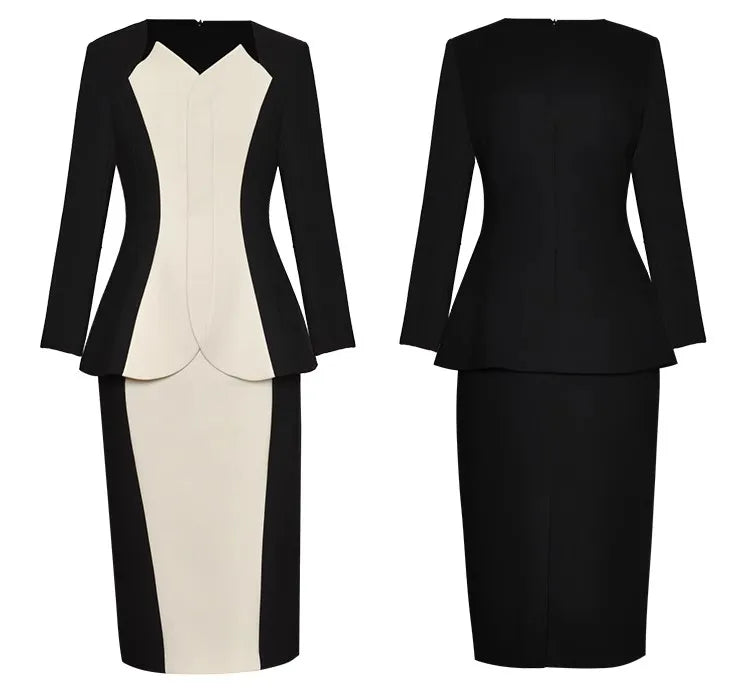 Hanna Autumn Contrasting Colors Suit Women Square Collar Long Sleeve Tops+ Pencil Skirt Two-Piece Set