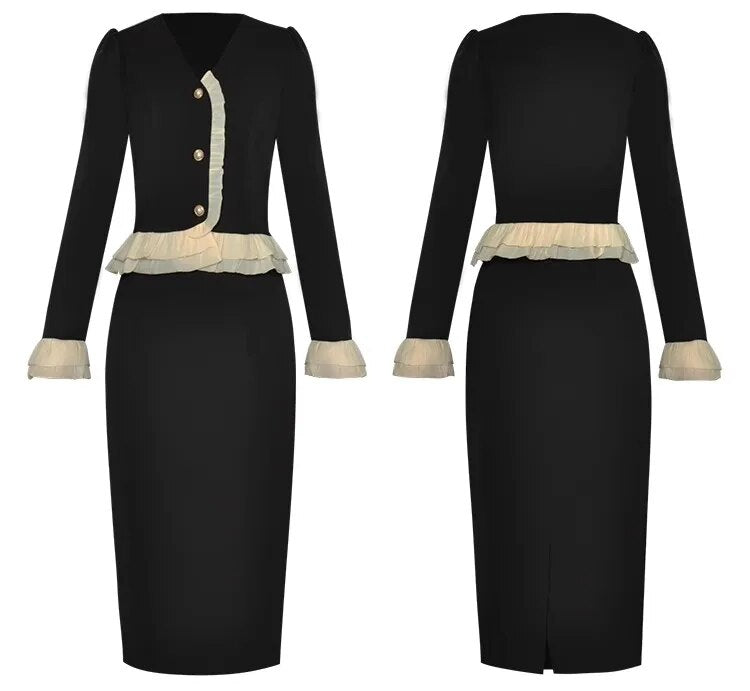 Lillie V-Neck Contrasting Colors Ruffle Coat + Pencil Skirt Office Lady 2 Piece Set