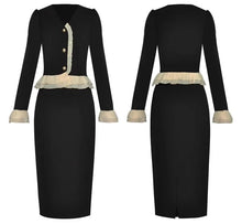 Load image into Gallery viewer, Lillie V-Neck Contrasting Colors Ruffle Coat + Pencil Skirt Office Lady 2 Piece Set