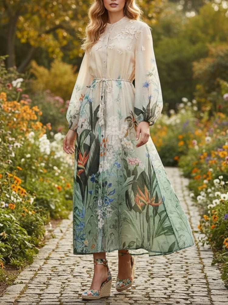 Maxine V Neck Lantern Sleeve High Waist Spliced Lace Up Maxi Dress