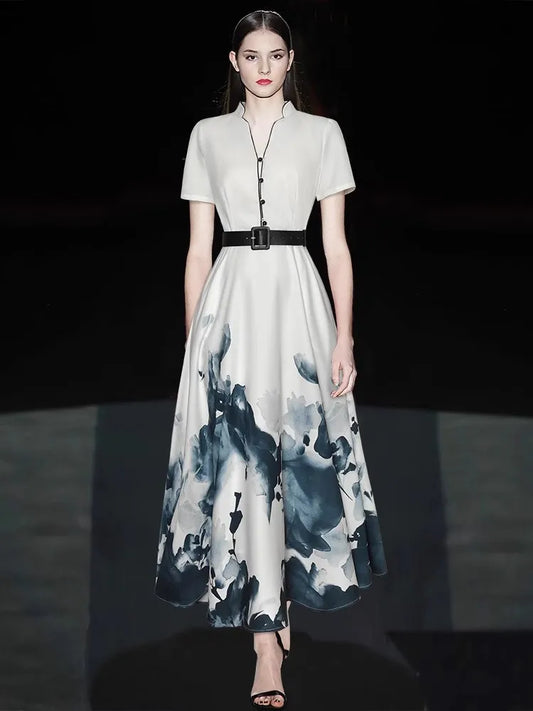 Gala V-Neck Short Sleeve Sashes Pockets Print Chinese Style Dress