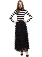 Load image into Gallery viewer, Aylin Long Sleeve Striped Knitted Sweater + Mesh Cascading Ruffles Skirt 2 Pieces Set