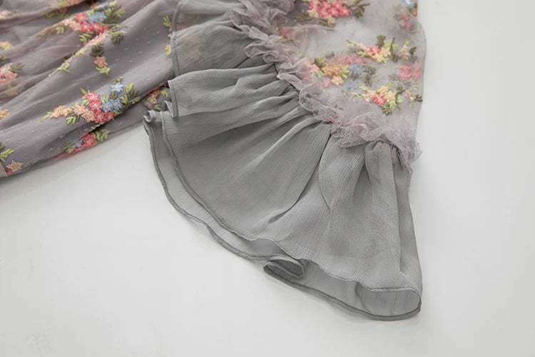 Zilpah Vintage Dot Party Mesh  Ruffles Embroidery High Waist Slim A-LINE Long Dress
