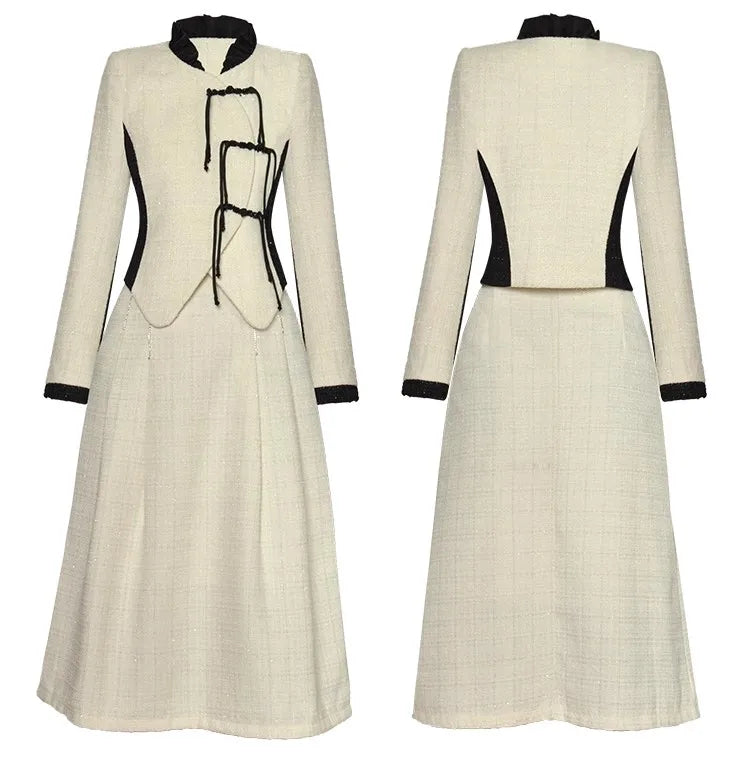 Marlowe Tweed Suit Women Stand Collar Long Sleeve Beading Button Jacket + Crystal Skirt Vintage 2 Piece Set