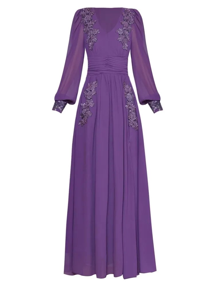 Elia Maxi Dress Women V-Neck Lantern Sleeve Beading Appliques Folds Elegant Party Slit Long Dress