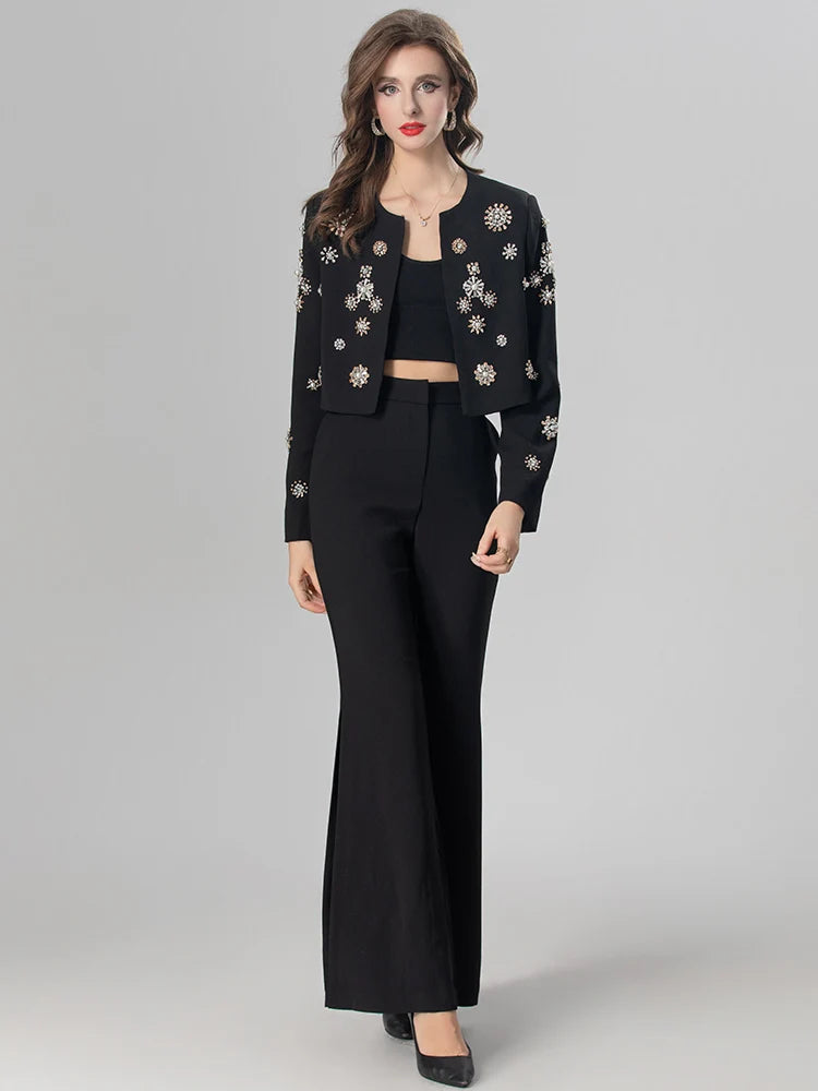 Kirsten Crystals Diamonds Coat + Slit Flare Pants High Street Two Piece Set